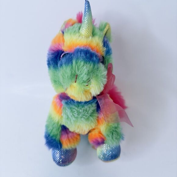 MTY International Rainbow Striped Unicorn Plush w/Pink sparkle Eyes Stuffed - Picture 9 of 14